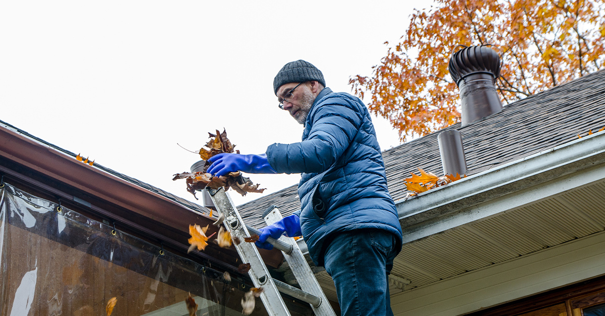 Man in ladder removing autumn leaves from gutter